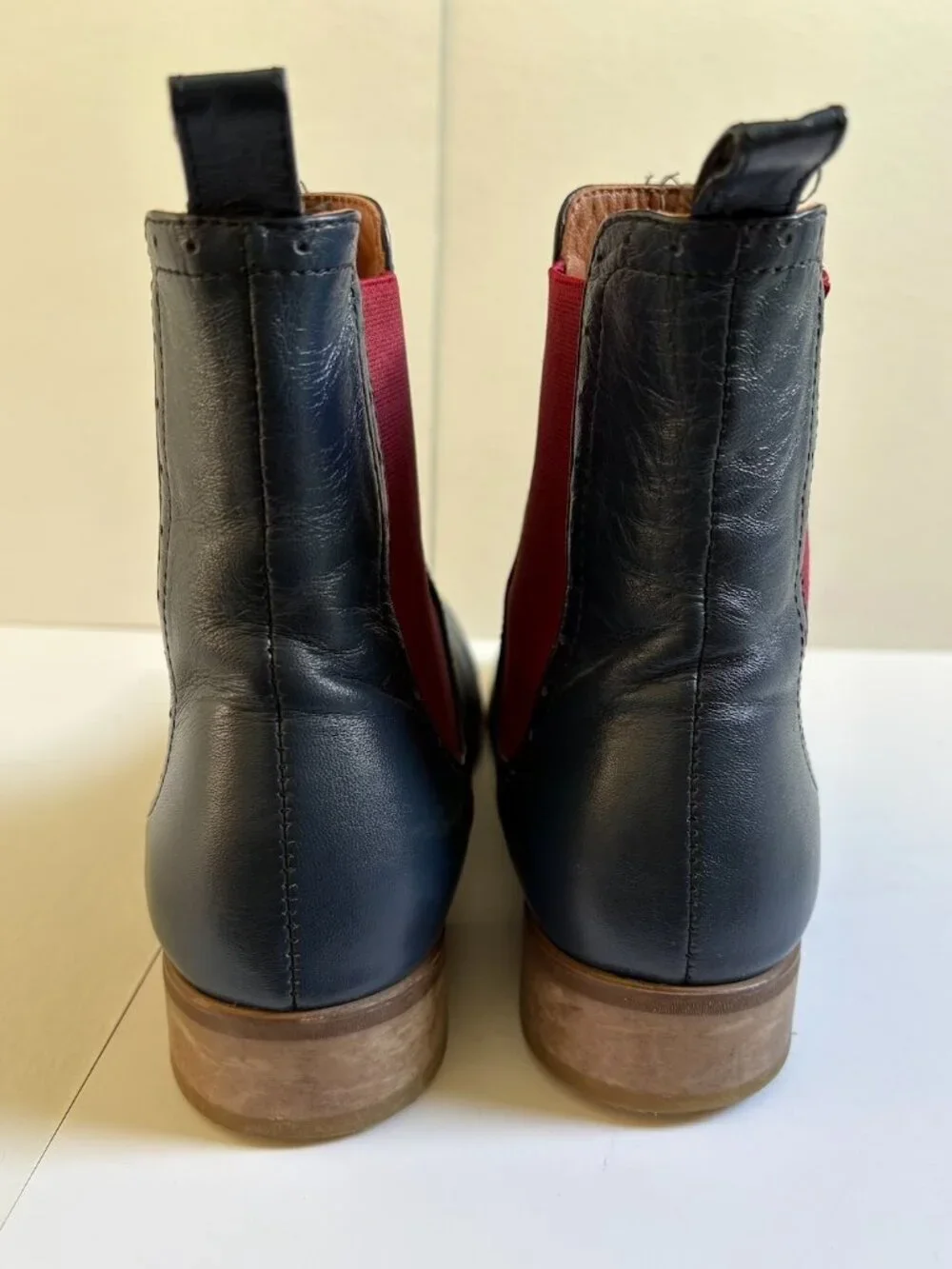 Julia Bo Custom Handmade Navy Leather & Burgundy Wingtip Chelsea Ankle Boots